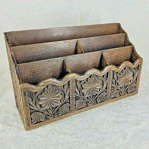 Vintage Desk Organizer Paper Mail Pen Holder Sorter Faux Wood Lerner Boho Resin